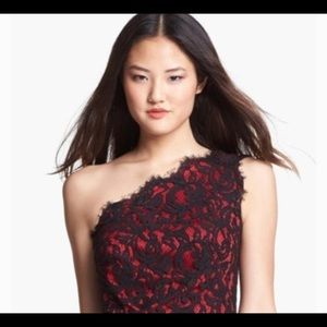 Tadashi Shoji one shoulder red/black lace dress
